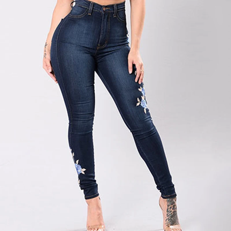 Стрейчевые вышитые джинсы для женщин, эластичные джинсы с цветочным принтом, узкие брюки, джинсовые брюки, облегающие карманы темно-синего цвета размера плюс 6Q0343