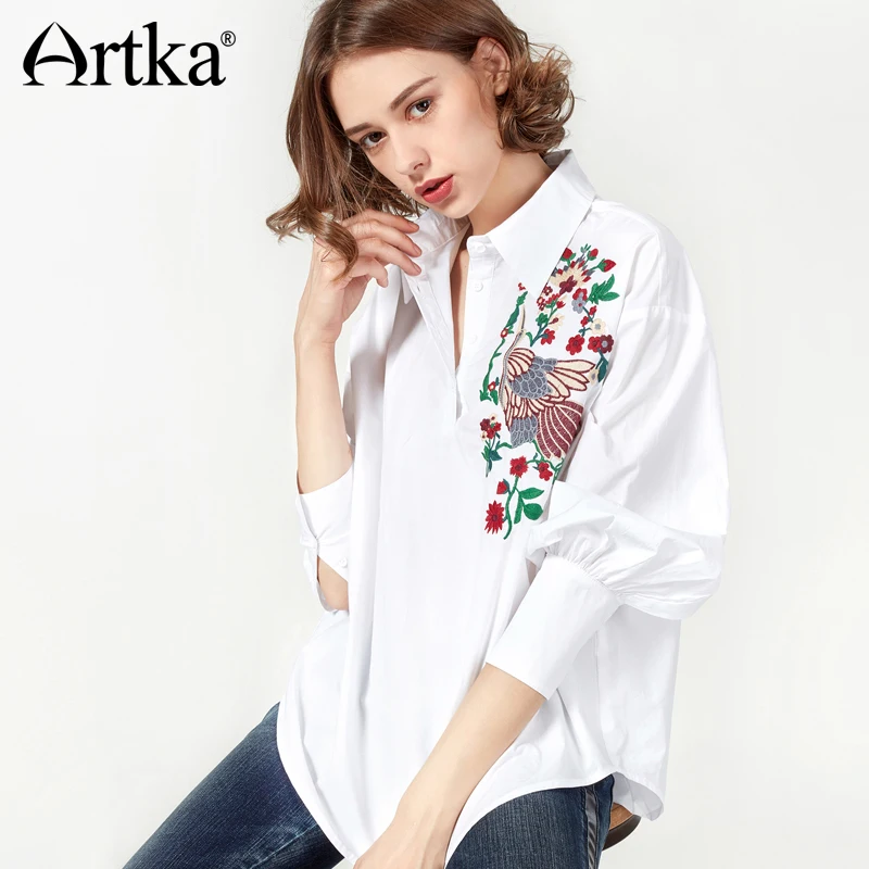 

ARTKA 2018 Summer Traditional Chinese Pattern Floral Embroidery Vintage Mid-Length Shirt SA10372D