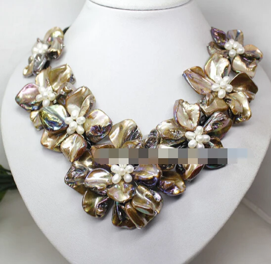 

zj 00069 white pearl brown mother of pearl shell flower handmade necklace 18" jewelry