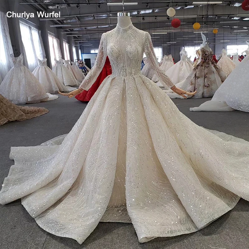 

HTL272 Sparkly Wedding Dress with popular metallic line high-neck handmade beaded wedding gown with long train sukienka wesele