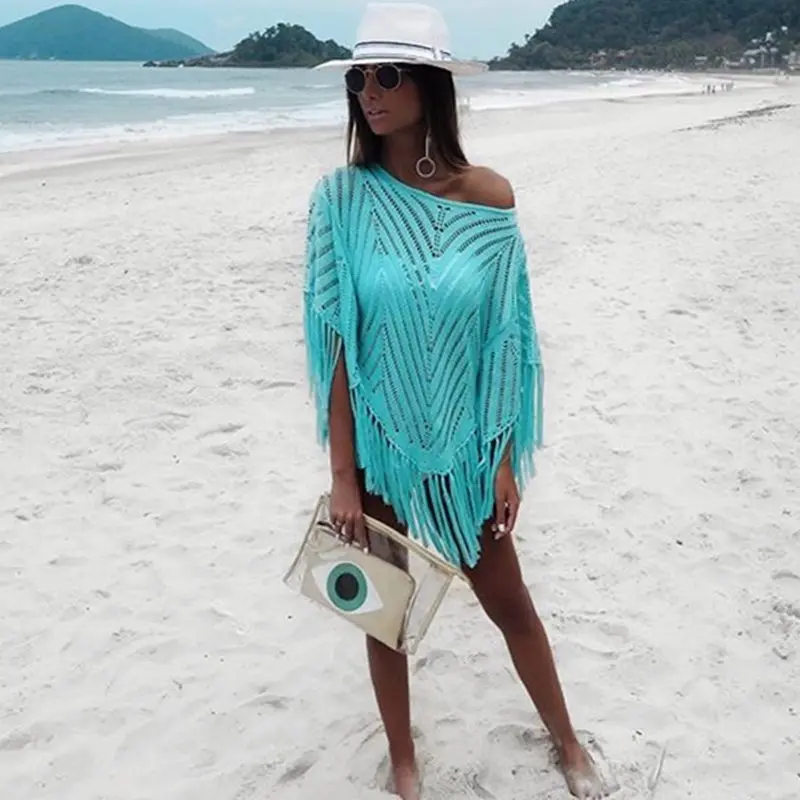 Günstige NODELAY Frauen Stricken Bikini Bademode Cover Up Pareo 2018 Plus Größe Quaste Cover Up Strand Tragen Weibliche Lose Strand Kleid tunika