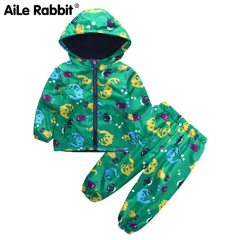 

AiLe Rabbit 2019 Winter Boys and Girls Clothes Set Dinosaur Pattern Graffiti Windbreaker Raincoat suit set for kids