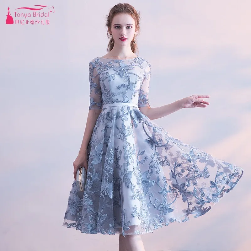 

Scoop Neck Lace Bridesmaid Dresses Knee Length Grey Blue Formal Wedding Party Dress Gown For Women Wedding Guest Dress JQ287