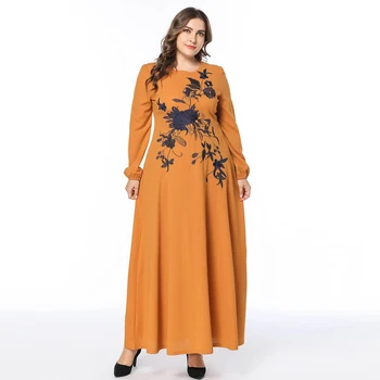 

New Muslim Women Long Sleeve Fit and Flare Dress Middle Eastern Flower Embroidered Dress Vintage Long Robe Vestido XXXL 4XL