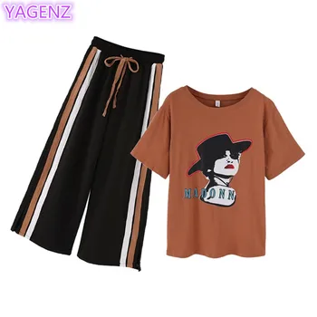 

YAGENZ Summer Women Fashion Two Pieces Set New Leisure Short sleeves Tops +Wide Leg Pants Women clothing Student Sportswear A215