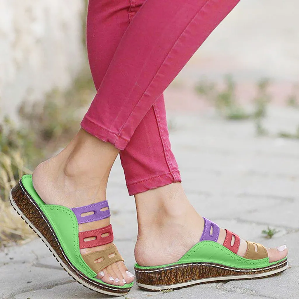 

New Sandalias Mujer 2019 Women Ladies Fashion Mixed Color Slip On Wedges Sandals Casual Slipper Shoes Woman Flip Flop Slippers