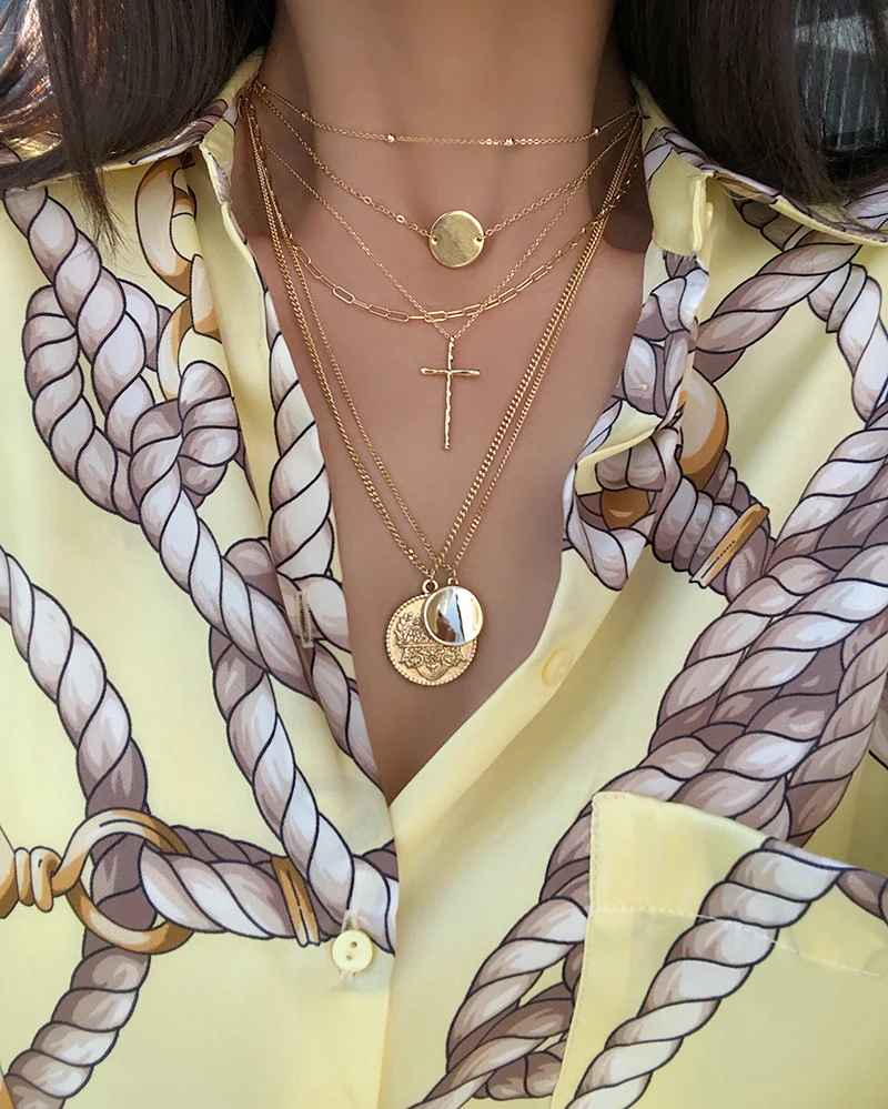 

European and American multi-layer gold coin cross clavicle Necklace Necklace