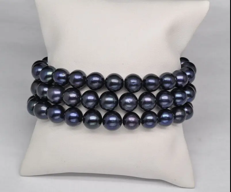 

hot 3 row AAA 9-10mm natural south sea black pearl bracelet 7.5-8 inch14k r