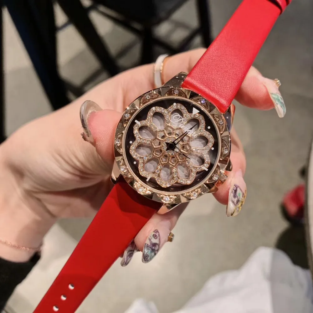 

Vivid Red Watches for Women Fashion Crystals Wrist watch Quartz Water Resistant Real Leather Watch GOOD LUCK Spinning Watch 3Bar