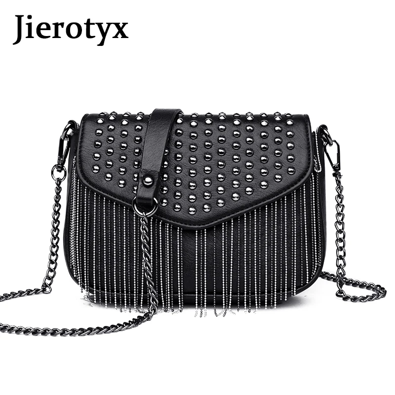 Женская сумка Кроссбоди JIEROTYX Черная Кожаная мини на плечо с бахромой и цепочкой