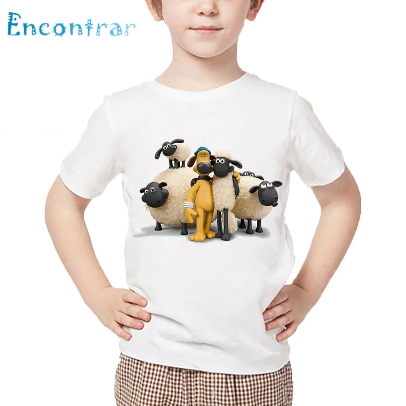 Size 3T-9T,Kids Cartoon Shaun the Sheep Print T shirt Children Summer White Tops Boys and Girls Funny T-shirt,HKP2188 funny print raglan sleeves t shirt