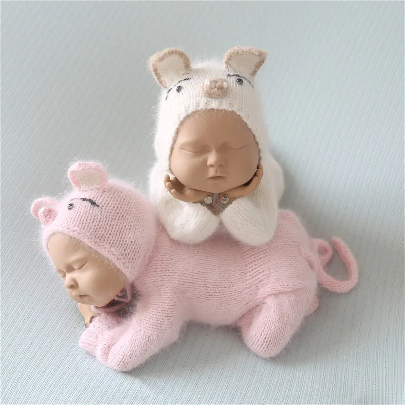 

Newborn Pig Pajama and Hat Set Knitted Angora Footie Romper Fluffy Newborn Footed Onesie Crochet Pig Hat Easter Animal Outfit