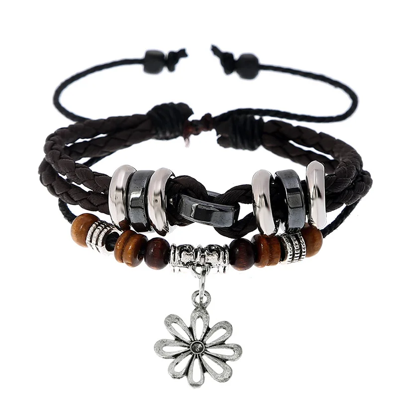 

Punk Style Men's Fashion Handmade Multi-layer Beaded Woven Leather Bracelet Flower Pendant Personality Jewelry Accessories