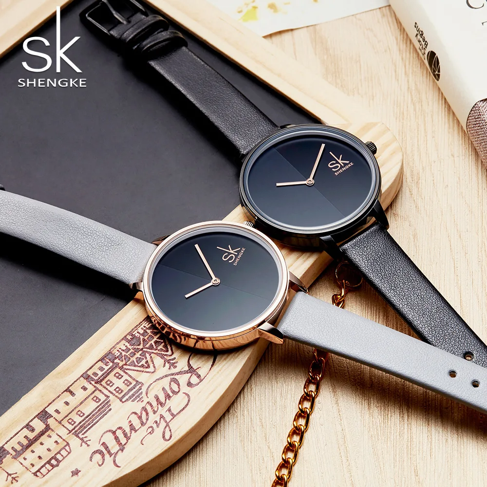 

2018 New Shengke Lady Fashion Creative Quartz Watch Half Eclipse Dial Women Watch Black Gray Leather Women Saat relogio feminino