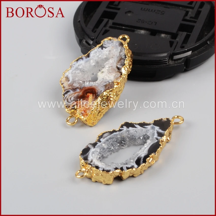 

BOROSA 10pcs Freeform Natural Onyx Crystal Slice Connector,Electroplated Gold Drusy Crystal Connector Double Bails G0952