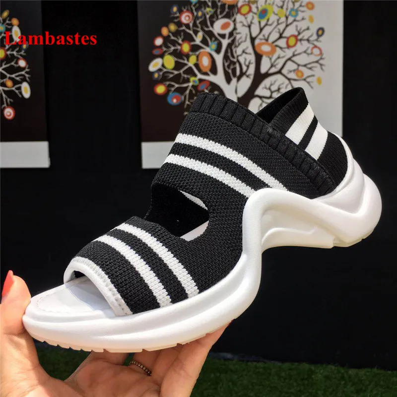 

2018 Summer Black Peep Toe Women Sandals Shallow Striped Designer Slip On Stretch Women Sandals Rome Cake Bottom Shoes Women