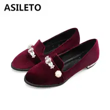 ASILETO/Осенняя женская обувь на плоской подошве со стразами; женские повседневные Лоферы без застежки с жемчугом; женская обувь из флока на плоской подошве; sapatos mujer; S701