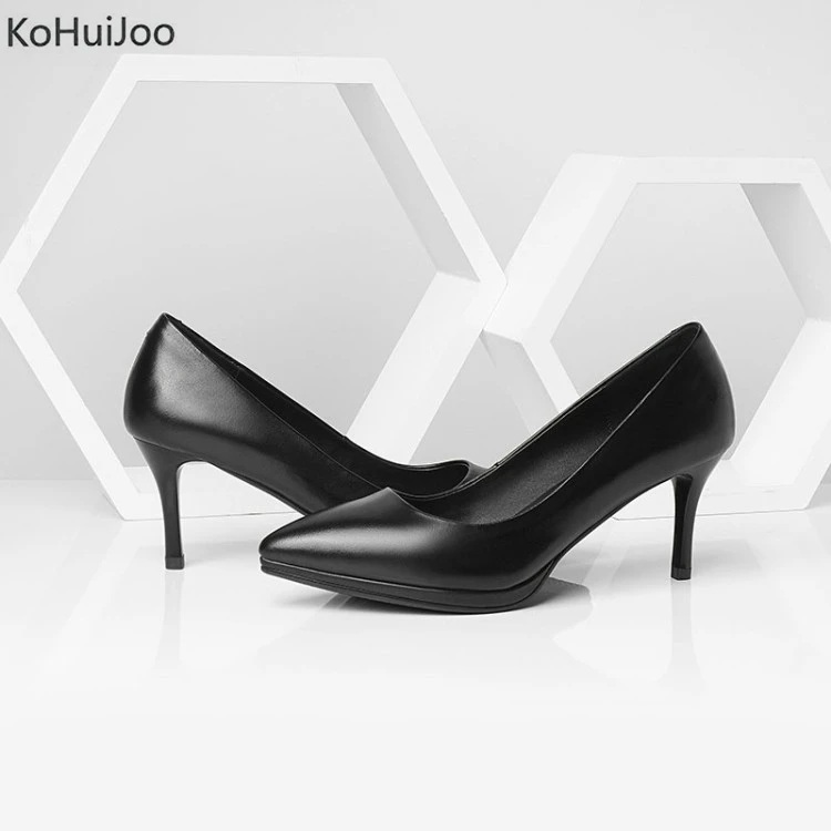

KoHuiJoo 2018 New Cow Leather Office Shoes Women Pumps Pointed Toe Black High Heels 7 CM or 10 CM Stelitto Heels Dress Shoes