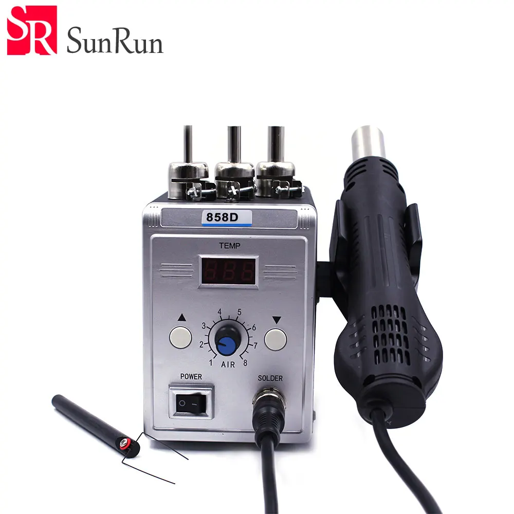 

Silver 858D Desoldering Soldering Station Hot Air Rework Hot Air Gun + 3 Nozzles+ 1 IC Stick Repair Welding Tool