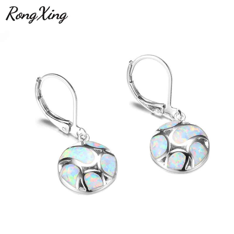 RongXing дизайн 925 пробы заполненные серебром круглые висячие серьги синий/белый огненный опал камень серьги-капли в подарок Ear0825