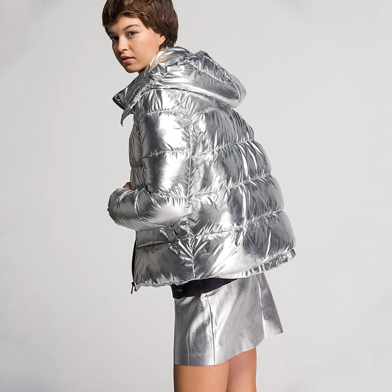 CamKemsey Warm Thicken Winter Coat Women Streetwear Metallic Silver Down Cotton Padded Hooded Winter Jacket Women Parkas