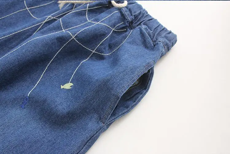 Женская юбка с эластичной резинкой на талии, с рисунком спереди, милая джинсовая юбка-трапеция до середины икры с милым рисунком, ковбойская синяя вышивка