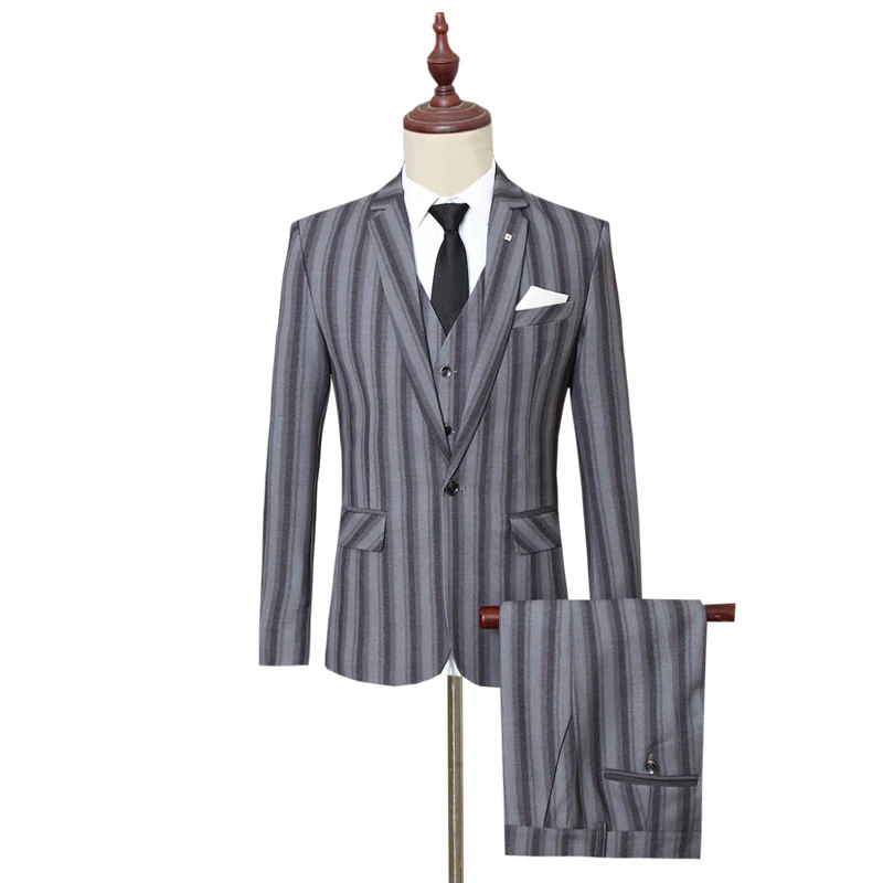 Black Men Striped Suits Size S-5XL Business Casual Mens Blazer Jacket with Vests and Pants 2019 New Wedding Suits for Man