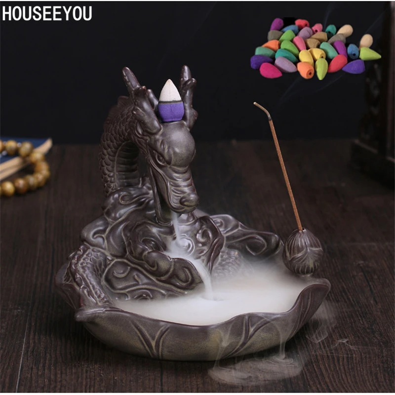 Ceramic Dragon Incense Burner Smoke Backflow Waterfall Streaming Down