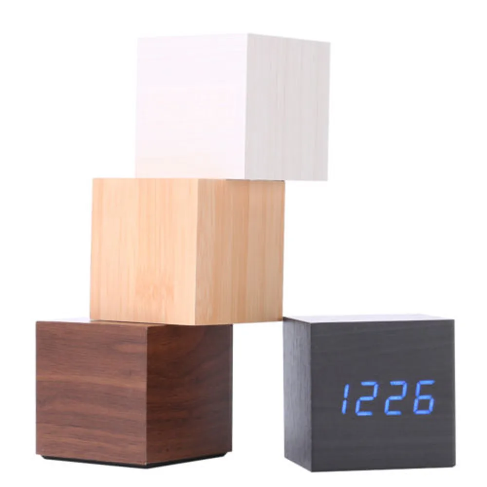 

Multicolor Sounds Control Wooden Clock New Modern Wood Digital LED Desk Alarm Clock Thermometer Timer Calendar Table Decor