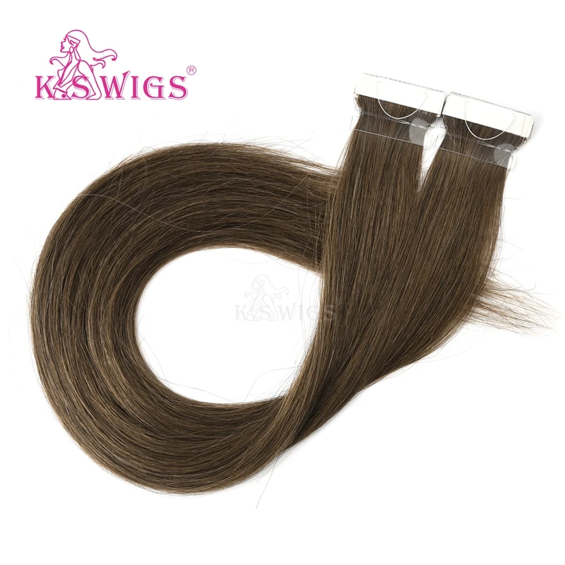 K.S WIGS Straight Double Drawn Remy Hair PU Skin Weft Hand Tied Tape In Human Extensions 16'' 20'' 24''