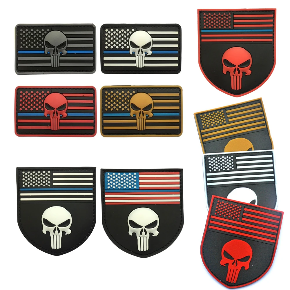 Thin Blue Line PVC Hook/Loop PATCH Sniper Punisher 3D RED Skull FLAG On SHIELD