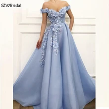 Новое Поступление Синие Вечерние платья трапециевидные с открытыми плечами с цветочной аппликацией Дубай Саудовская Арабская Длинные вечерние платья платье для выпускного вечера