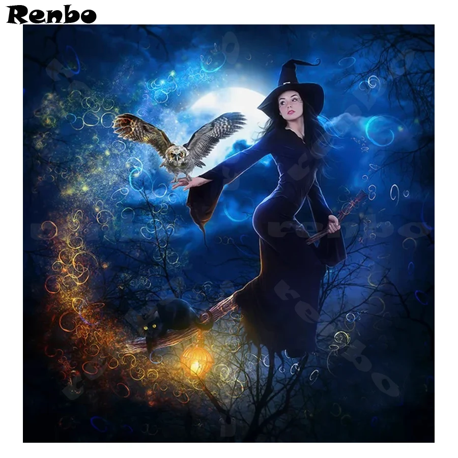 Cat Dengan Berlian Potret DIY Halloween Penyihir Owl Diamond Lukisan