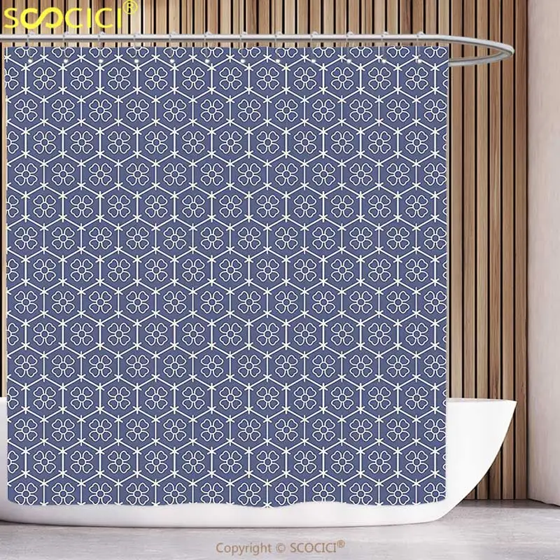 

Funky Shower Curtain Japanese Hexagons with Graphic Flower Motifs Inside Geometric Eastern Tile Pattern White Violet Blue