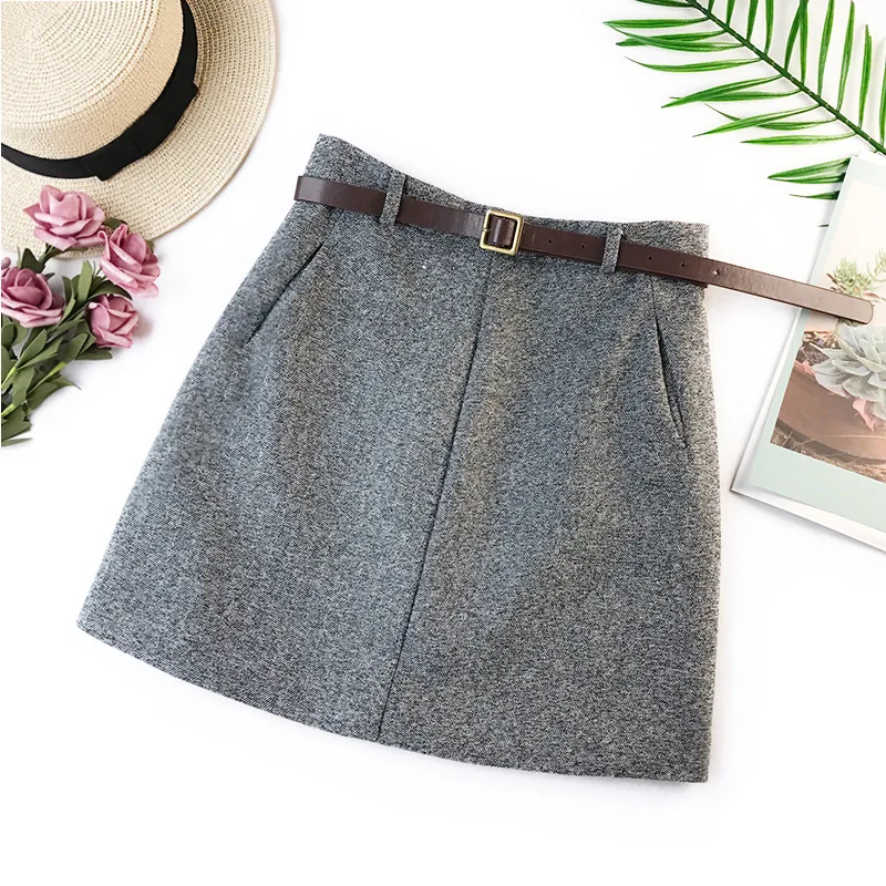 2021 Spring New Arrival Vintage Temperament High Waist A-line Office Skirts Womens With Belt Woolen Mini Skirt Free Shipping