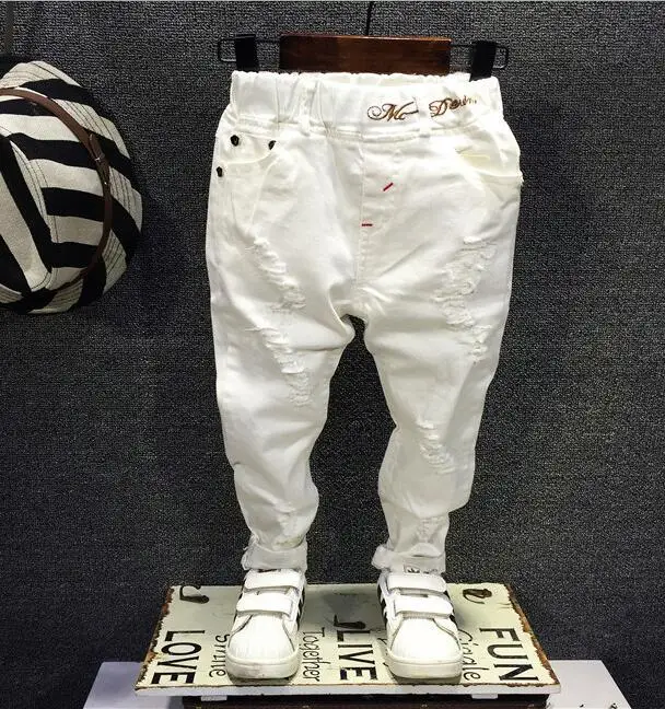 

Children Broken Hole Pants Trousers 2018 Baby Boys Jeans Brand Fashion Autumn 2-7years white Kids Trousers Children Clothing
