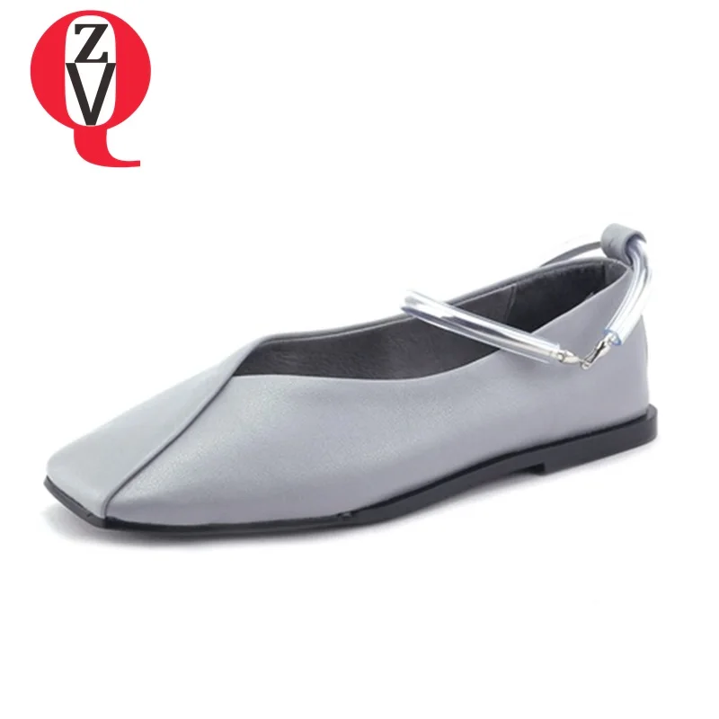 

ZVQ shoes woman genuine leather flat shoes ladies casual dress date shoes women spring autumn square toe ankle chain date flats
