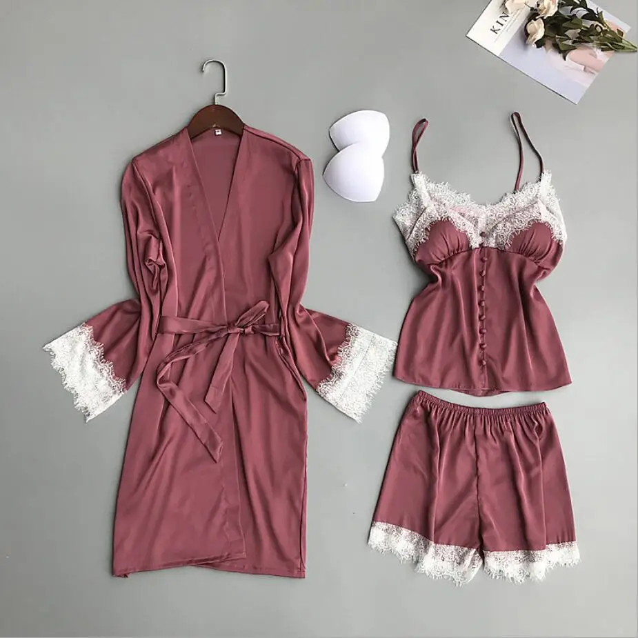 3 шт Пижама Женский, с длинным рукавом Пижама для Для женщин пижамы набор пятна одежда для дома, пижамы комплекты элегантный кружевной халат пижамы шорты 904 - Цвет: rose pink