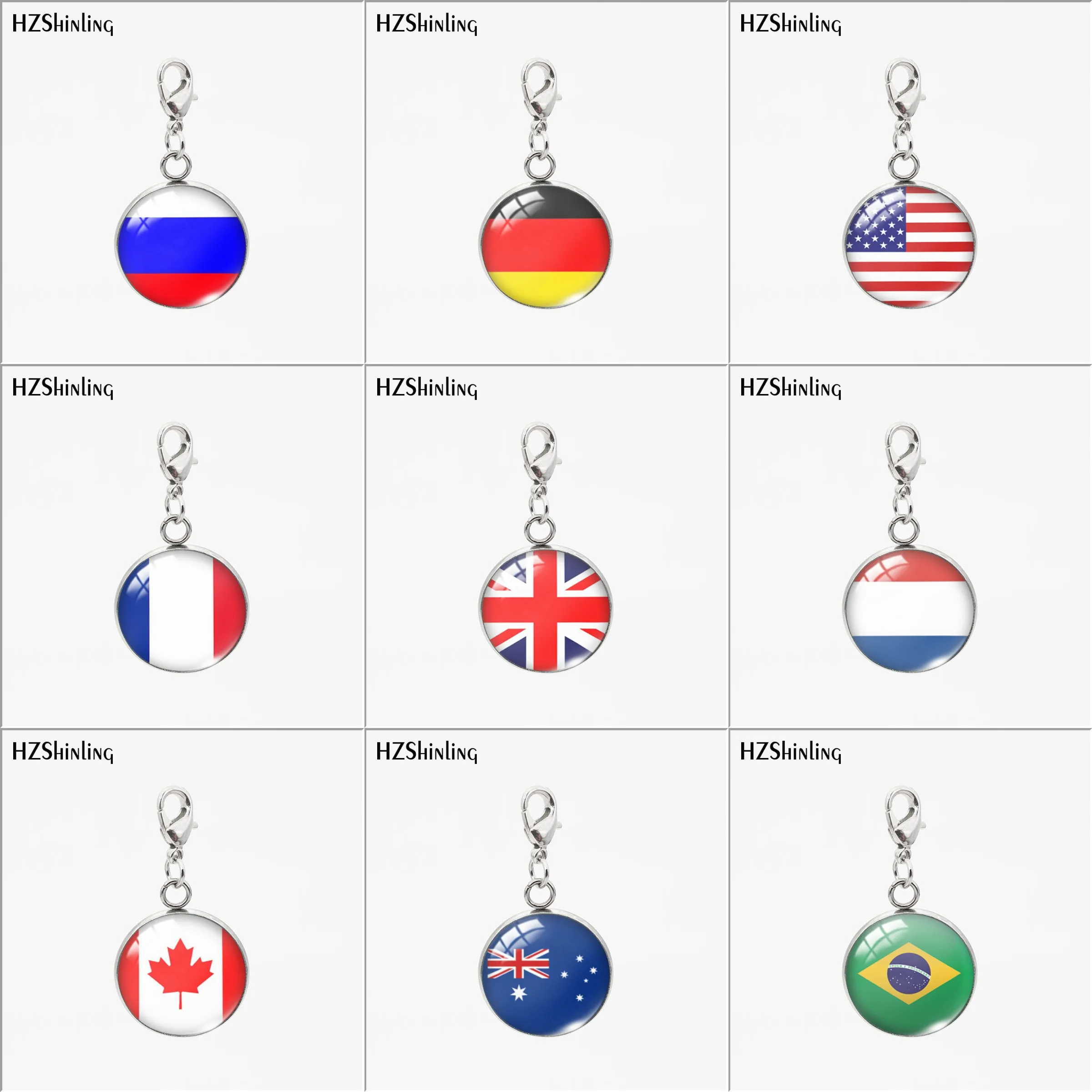 

Custom New Trendy Country Flag USA Russia Round Glass Pendants Stainless Steel Round Charms Detachable Necklace or Keychain