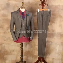 Шерсть Кофе жениха Смокинги для женихов Высочайшее качество Blazer мужского покроя Для мужчин костюм дружки Свадебная вечеринка 3 предмета для Для мужчин(куртка+ Брюки для девочек+ жилет