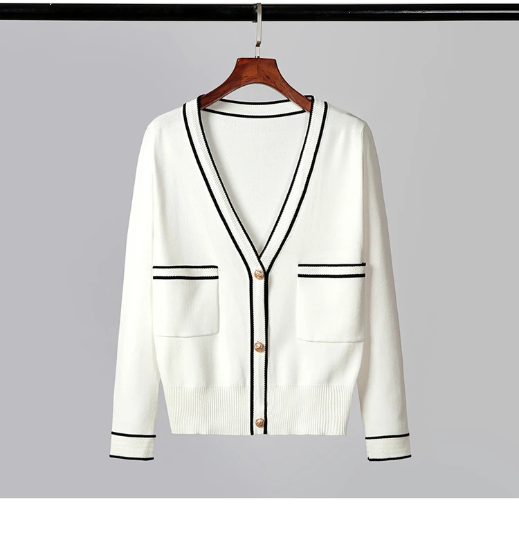 Chaqueta de punto para mujer Baharcelin, blanco y negro, suéter de abrigo tipo jersey, chaquetas de punto Mujer informales con cuello en V, Tops|Caquetas de punto| AliExpress