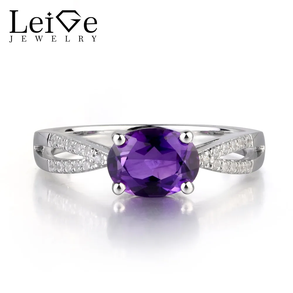 Leige Jewelry Real Amethyst Gemstone Oval Cut Prong Setting Anniversary Rings 925 Sterling Silver Trendy Gifts For Girls