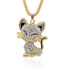 Bonito Strass Colar do Gato Para Mulheres Gold Filled Esmalte Cristal Camisola Longa Cadeia de Colares Pingentes de Presente de Natal Para A Menina