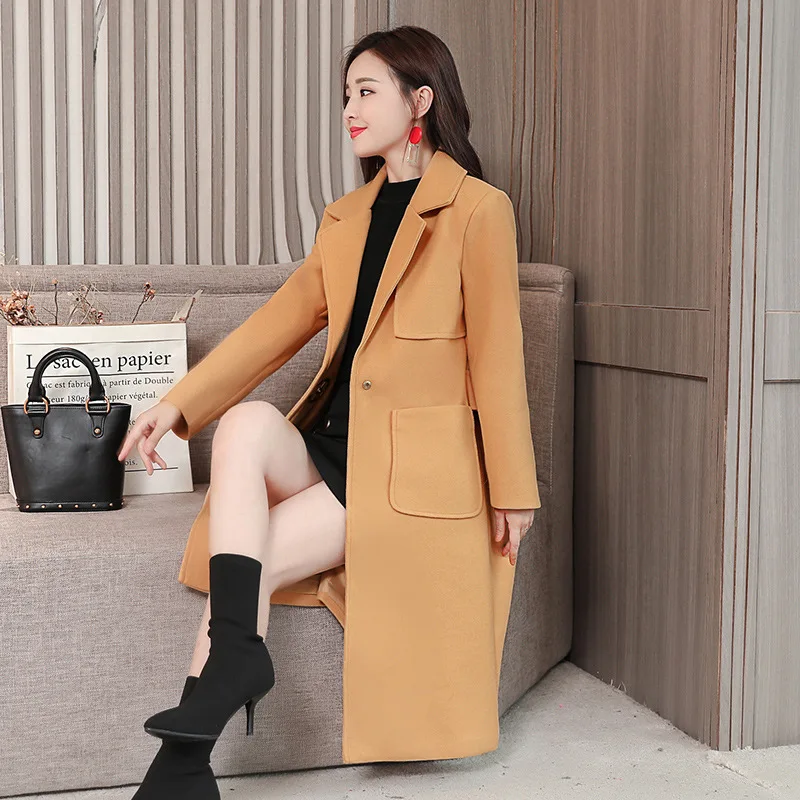 Long Femmes Laine Mélange Caramel down Cachemire camel Dames Poches Slim Seul Colour Col Bouton Office Lady Turn Manteaux Veste Manteau 7Ybgyf6