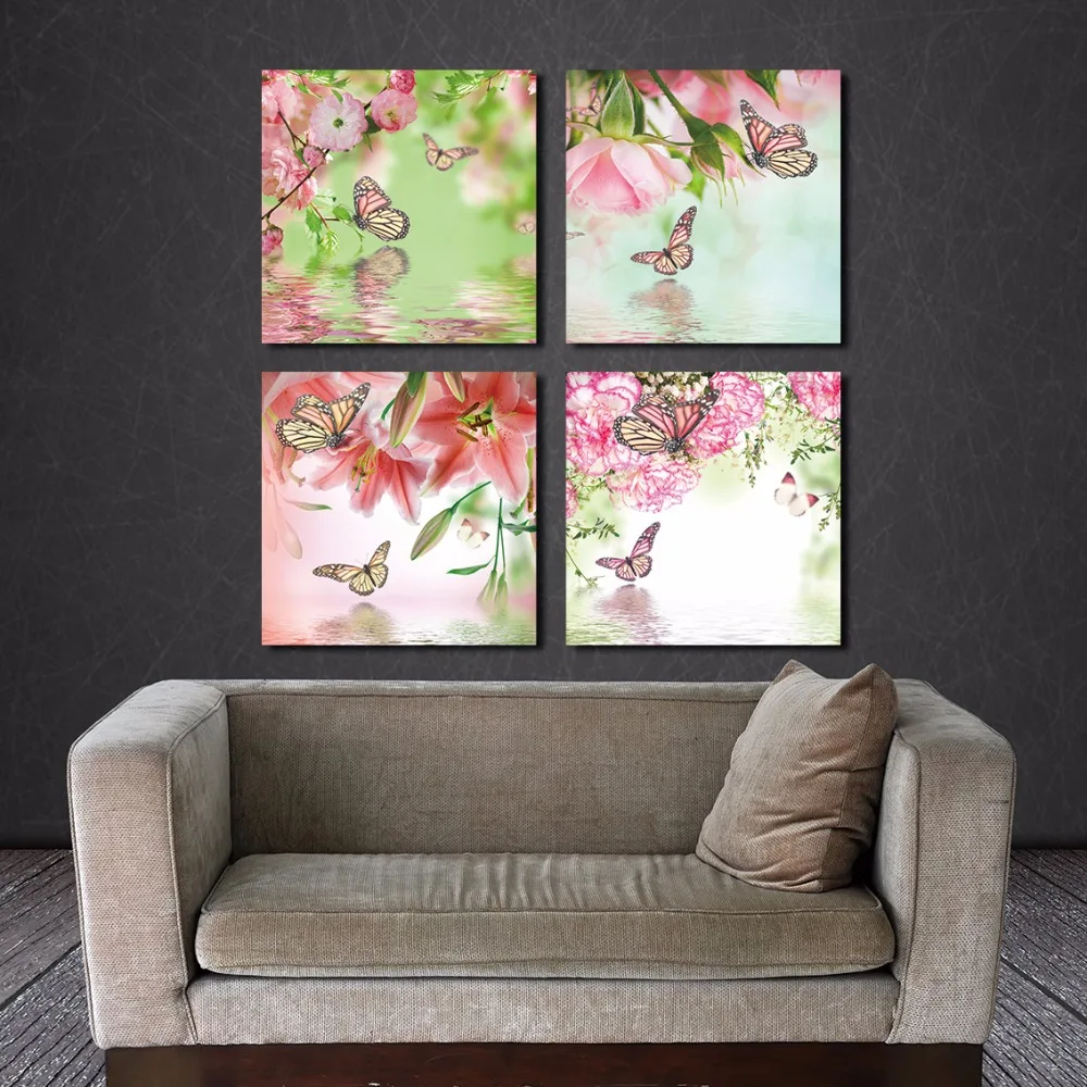 Canvaskunst Canvas Schilderij Muur Foto Bloem Vlinder 4 stuk Modulaire Foto Voor Decoratie Modulaire Foto Unframed