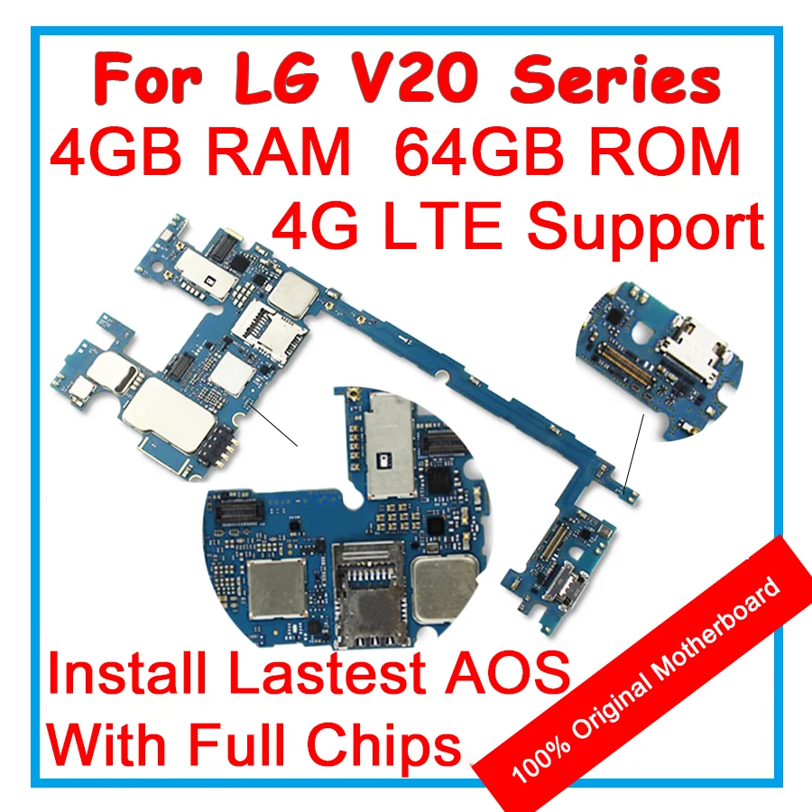 

For LG V20 H910 H918 H990N VS995 F800 H990 100% original Unlocked motherboard 64GB Mainboard With Chips AOS Logic Board IMEI SN