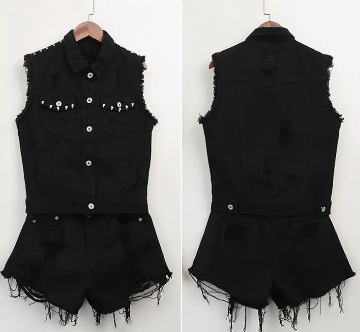

Women Denim Black White Rivet Denim Vest Cowboy Waistcoat Sleeveless Jean Jacket