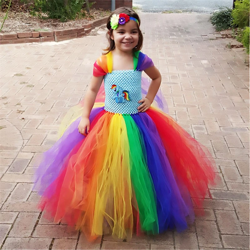 Hot Sell Flower Girls Tutu Dress Little Pony Rainbow Princess Girls Birthday Party Dresses Kids Halloween Cartoon Costume 1-12Y beautiful baby girl skirt