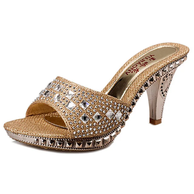 Модные шлепанцы на шпильках; женские туфли-лодочки; коллекция года; пикантные шлепанцы на высоком каблуке; женская обувь для вечеринок с кристаллами; женская обувь с открытым носком золотистого цвета - Цвет: Золотой