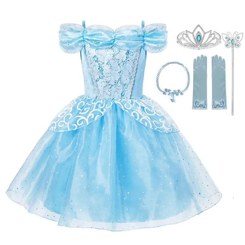 MUABABY/летнее платье принцессы для девочек; Детский Костюм Золушки с открытыми плечами и цветочным рисунком; нарядная одежда с блестками для дня рождения - Цвет: Cinderella Set 03